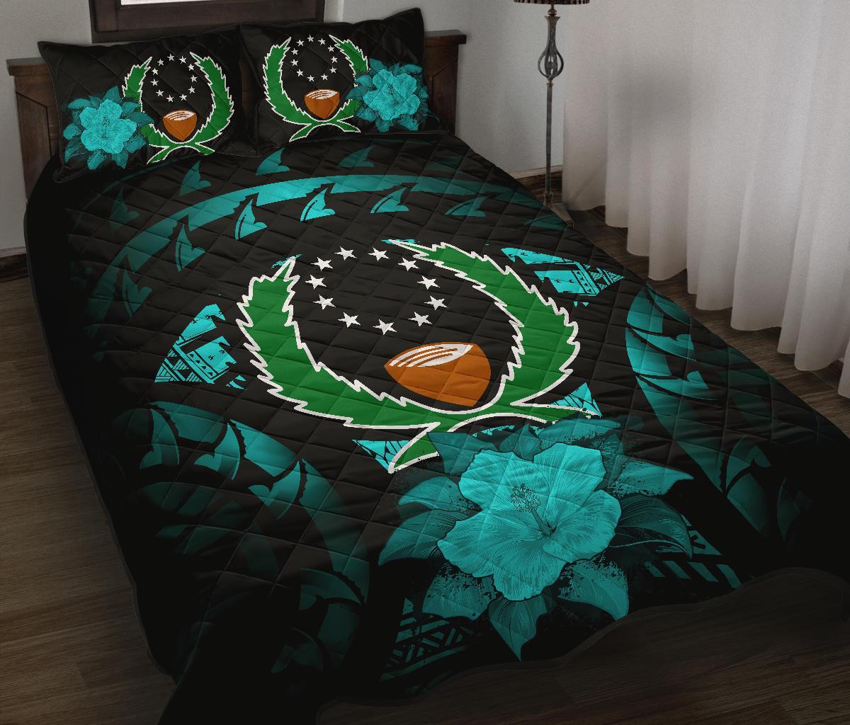 Pohnpei Polynesian Quilt Bed Set Hibiscus Turquoise Black - Polynesian Pride