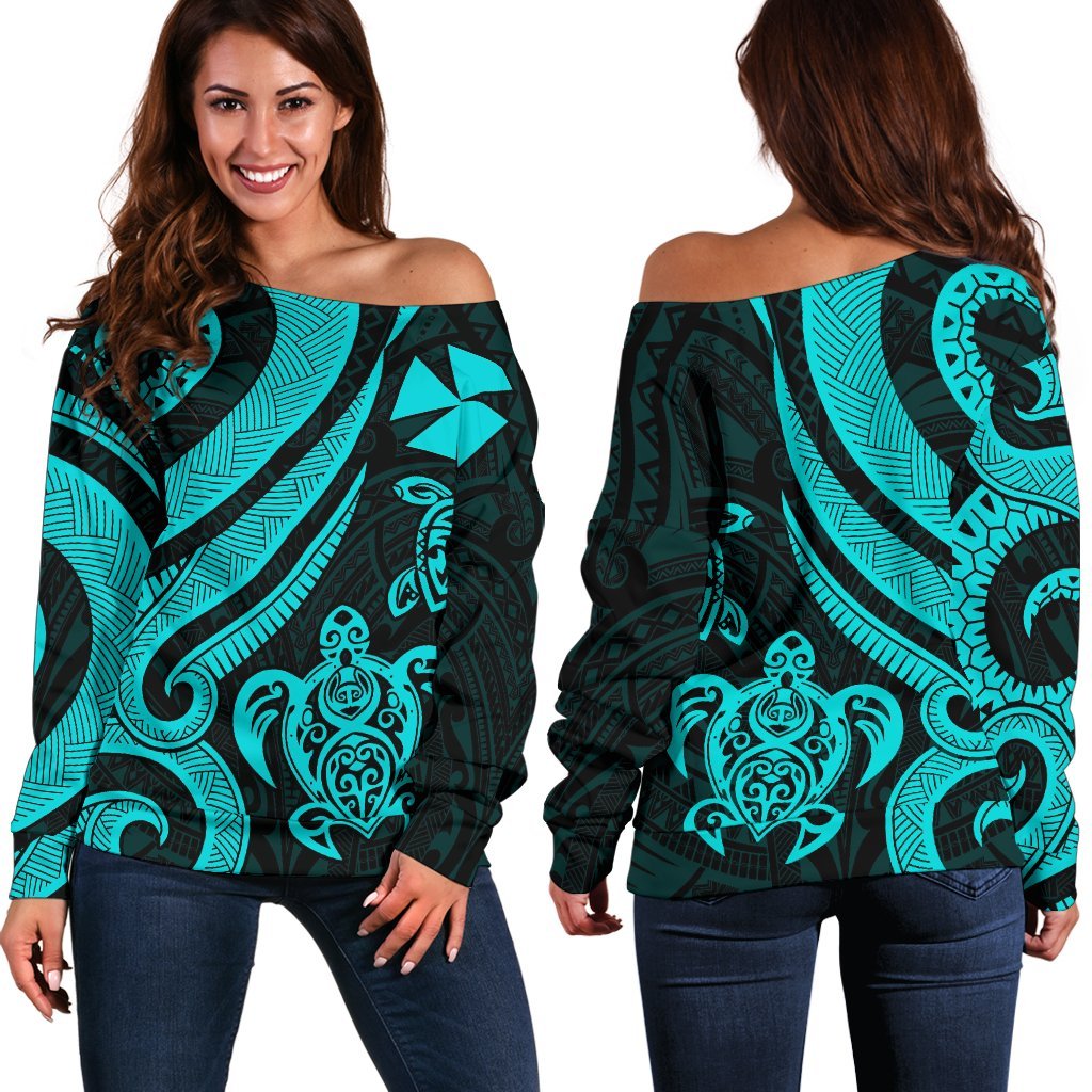 Wallis and Futuna Women's Off Shoulder Sweater - Turquoise Tentacle Turtle Turquoise - Polynesian Pride