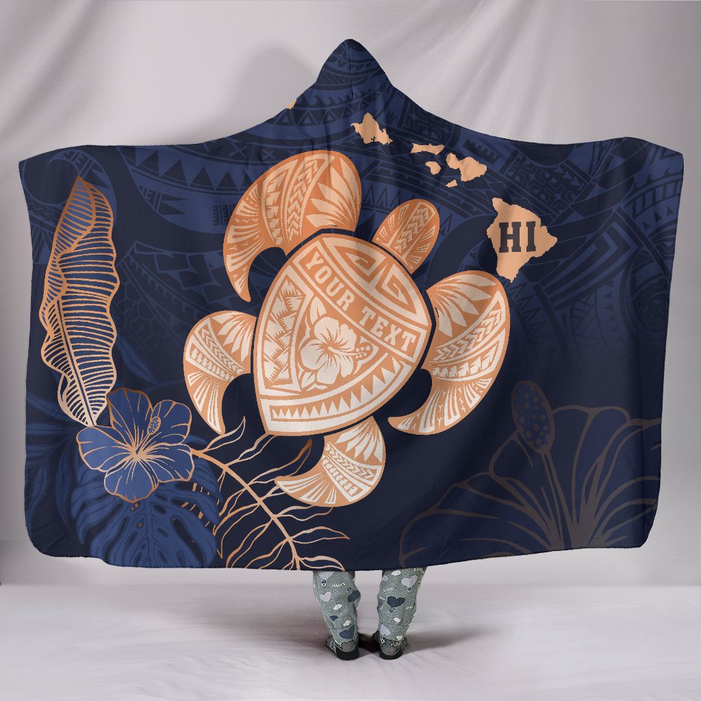 Personalized - Hawaii Kakau Polynesian Turtle Map Hooded Blanket - Original Indigo Hooded Blanket Blue - Polynesian Pride