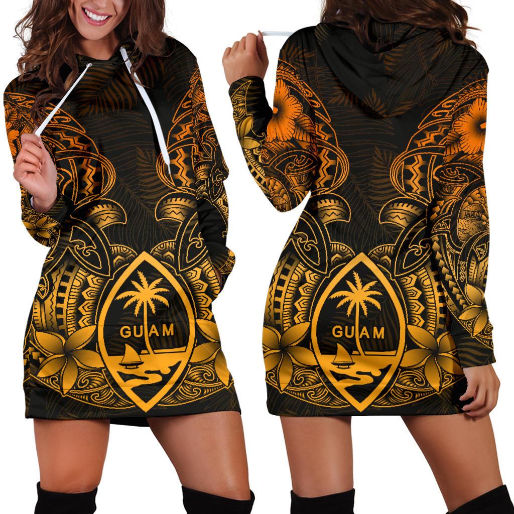 Guam Polynesian Hoodie Dress - Gold Turtle Homeland Black - Polynesian Pride