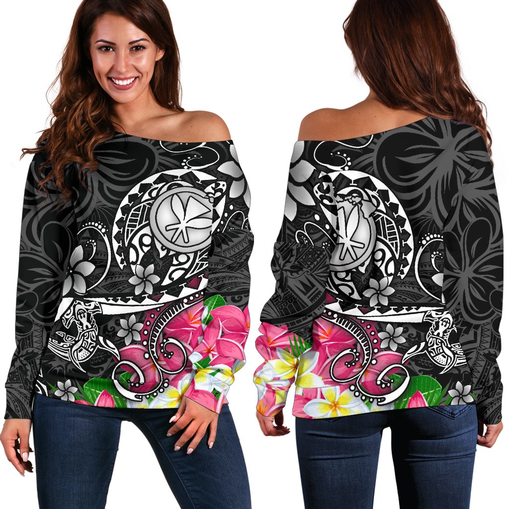 Hawaii Polynesian Women's Off Shoulder Sweater - Turtle Plumeria (Black) Black - Polynesian Pride