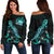 Samoa Polynesian Women's Off Shoulder Sweater - Turtle With Blooming Hibiscus Turquoise Turquoise - Polynesian Pride