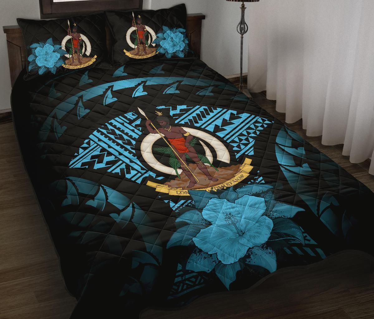 Vanuatu Polynesian Quilt Bed Set Hibiscus Blue Black - Polynesian Pride