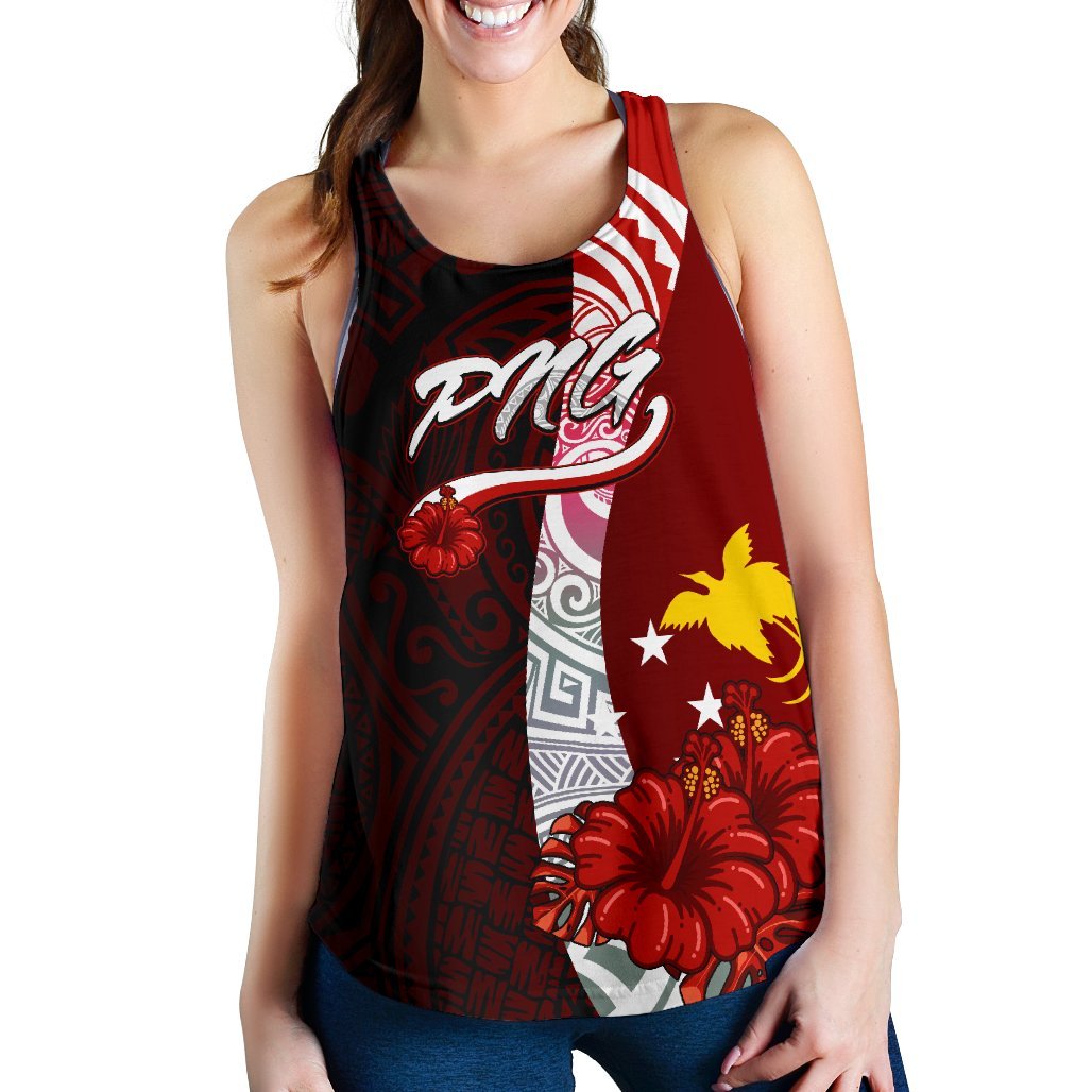 Papua New Guinea Polynesian Women's Racerback Tank - Coat Of Arm With Hibiscus - Polynesian Pride