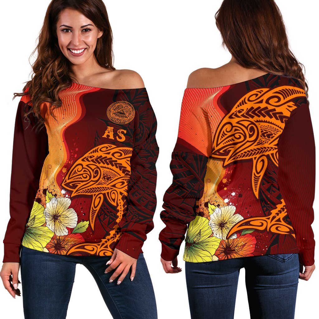 American Samoa Women's Off Shoulder Sweater - Tribal Tuna Fish - Polynesian Pride