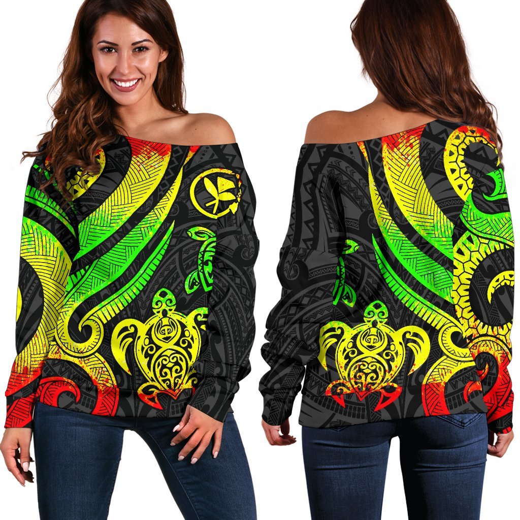 Hawaii Women Off Should Sweater - Reggae Tentacle Turtle Art - Polynesian Pride