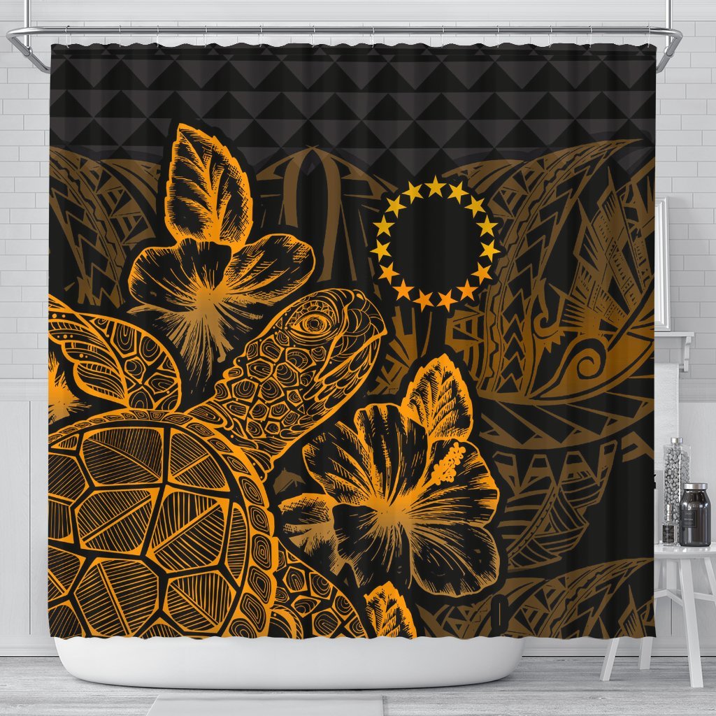 Cook Islands Shower Curtain Turtle Hibiscus Gold 177 x 172 (cm) Gold - Polynesian Pride