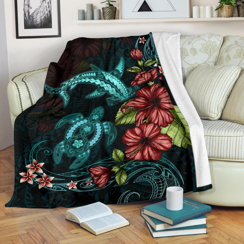 Polynesian Premium Blanket Turtle And Shark - Hibiscus Turquoise White - Polynesian Pride