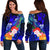 Tonga Custom Personalised Women's Off Shoulder Sweater - Humpback Whale with Tropical Flowers (Blue) Blue - Polynesian Pride