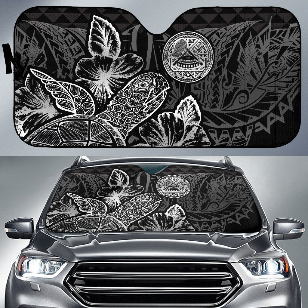 American Samoa Auto Sun Shades Turtle Hibiscus Black Auto Sun Shade Universal Fit Black - Polynesian Pride