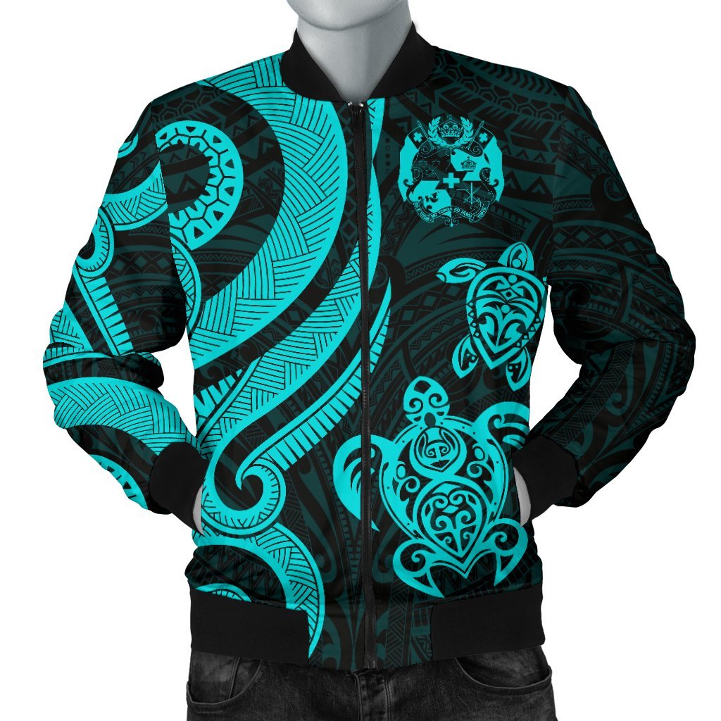 Tonga Polynesian Men Bomber Jacket - Turquoise Tentacle Turtle Turquoise - Polynesian Pride