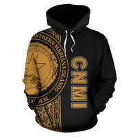 Northern Mariana Islands Polynesian All Over Hoodie Gold Line - Polynesian Pride