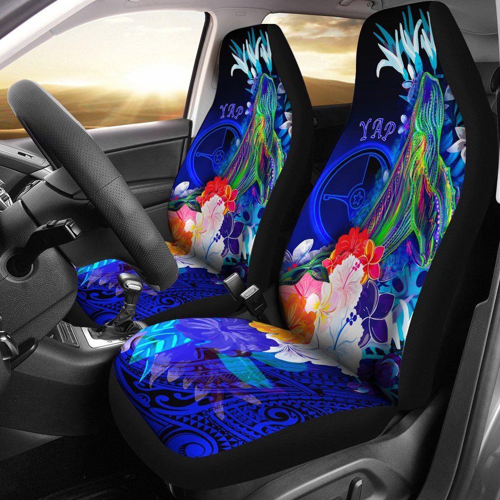 Yap Car Seat Covers - Humpback Whale with Tropical Flowers (Blue) Universal Fit Blue - Polynesian Pride