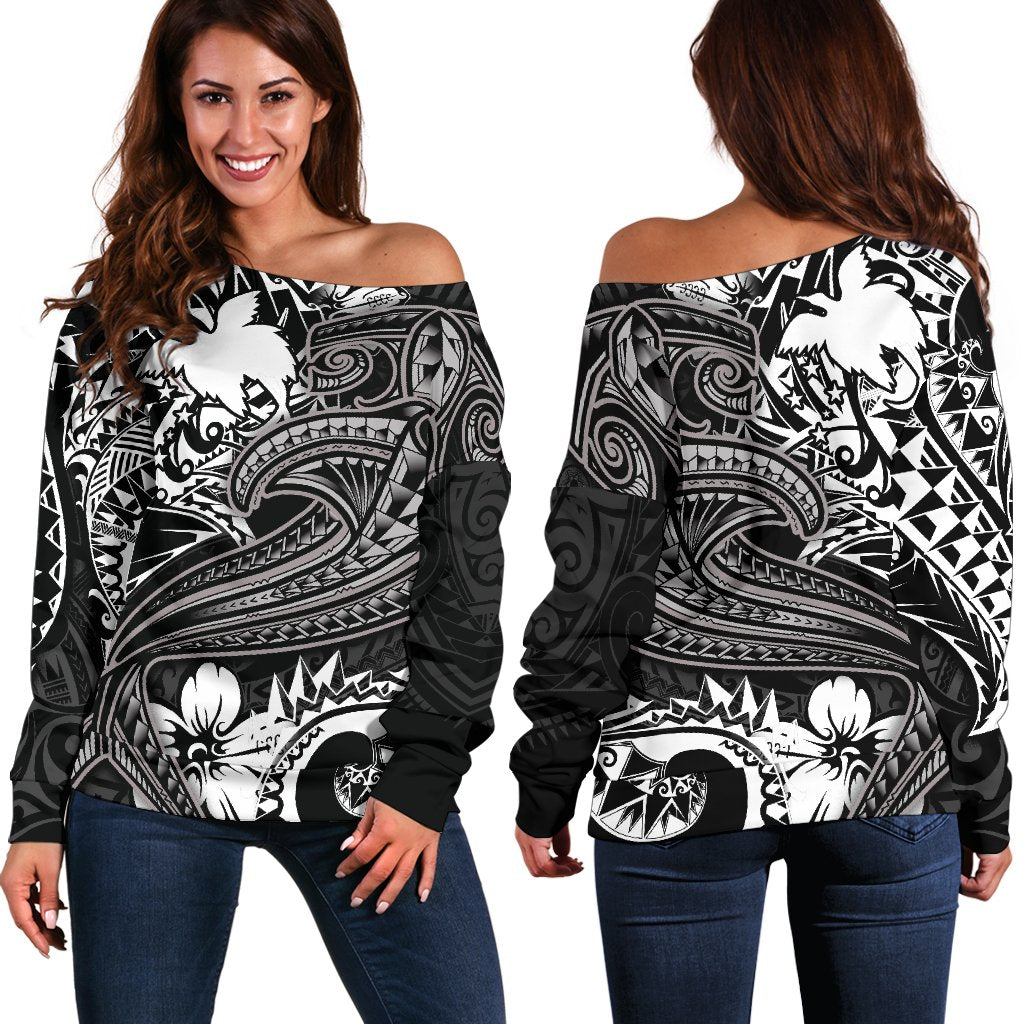 Papua New Guinea Women's Off Shoulder Sweater - White Shark Polynesian Tattoo White - Polynesian Pride