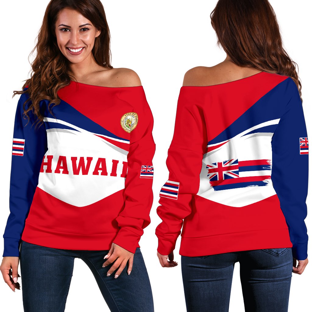 Hawaii Flag Women's Off Shoulder Sweater - Reg Style Red - Polynesian Pride