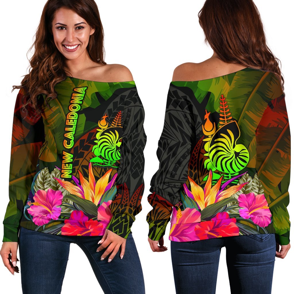 New Caledonia Polynesian Women's Off Shoulder Sweater - Hibiscus and Banana Leaves Art - Polynesian Pride