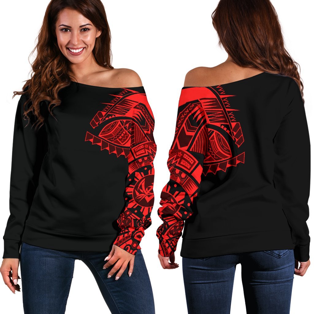 Polynesian Chest Tattoo Off Shoulder Sweater Red A7 Black - Polynesian Pride