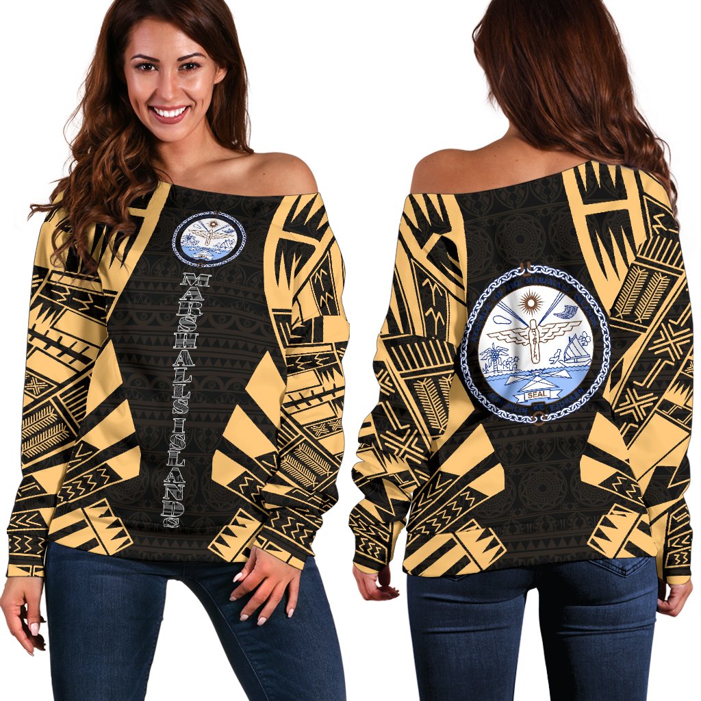 Marshall Islands Women's Off Shoulder Sweater - Polynesian Tattoo Gold Gold - Polynesian Pride