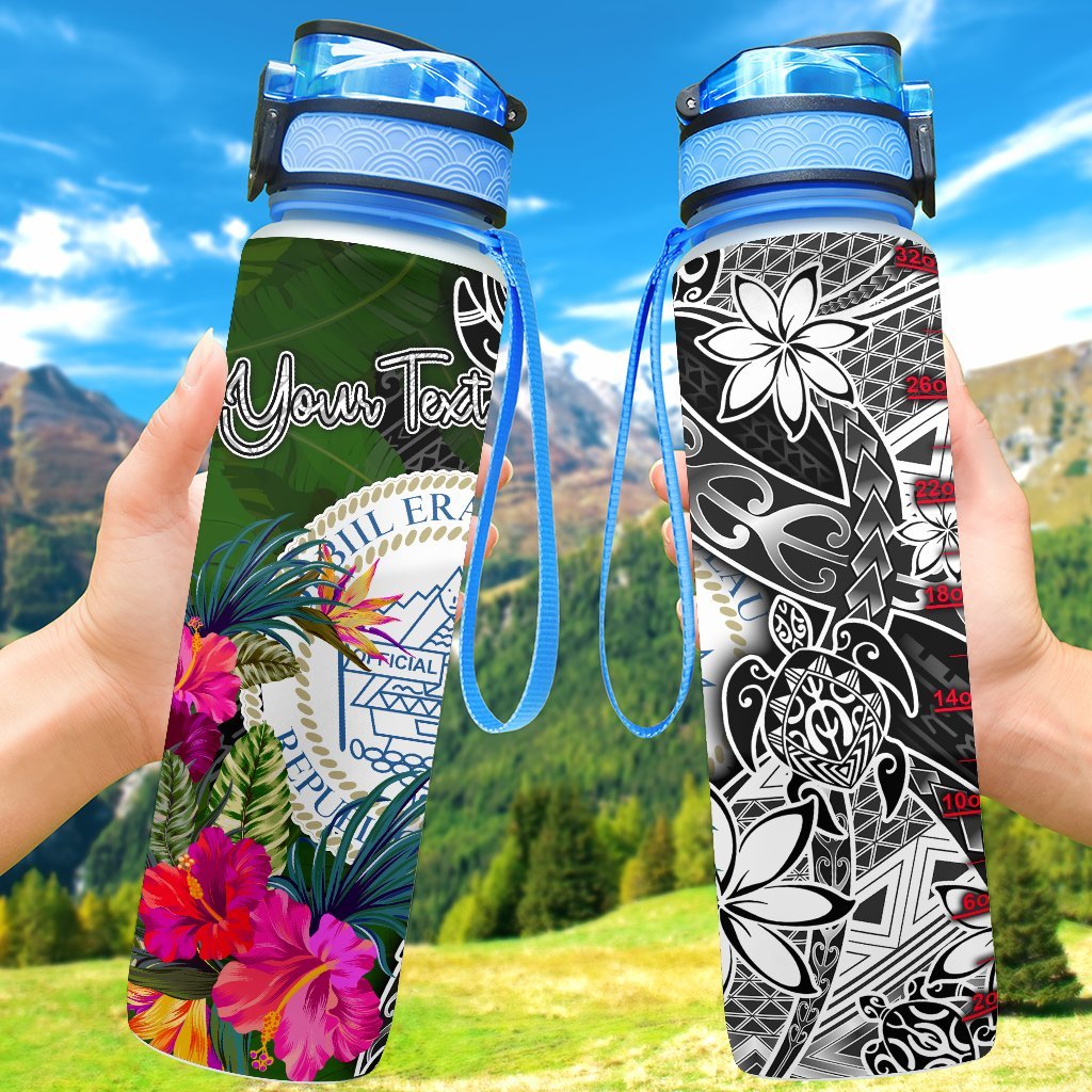 Palau Custom Personalised Hydro Tracking Bottle - Turtle Plumeria Banana Leaf Crest Hydro Tracking Bottle 32oz Large Black - Polynesian Pride