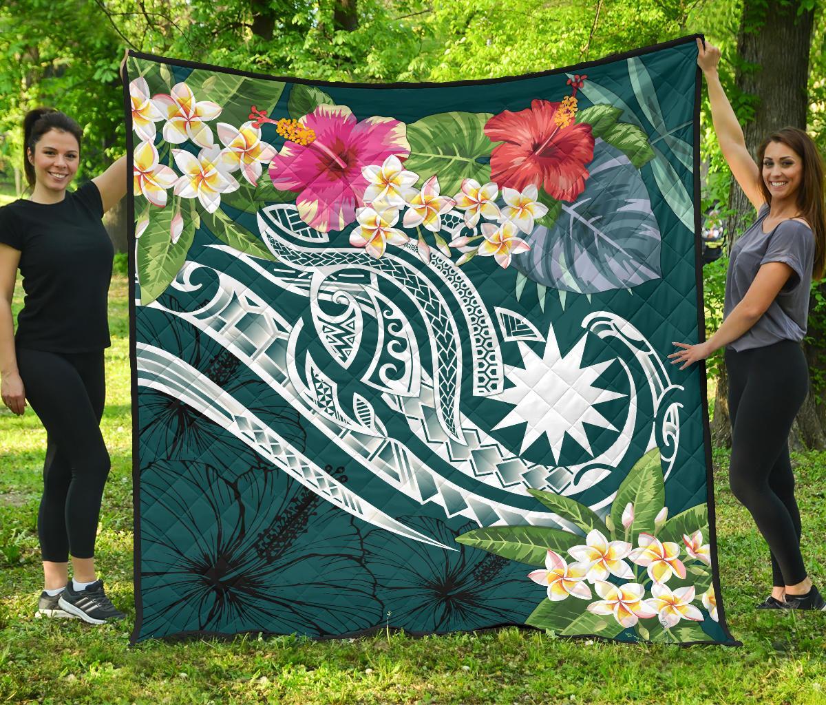 Nauru Polynesian Premium Quilt - Summer Plumeria (Turquoise) - Polynesian Pride