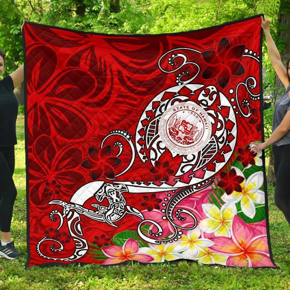 Hawaii Polynesian Premium Quilt - Hawaii Seal With Turtle Plumeria (Red) Red - Polynesian Pride