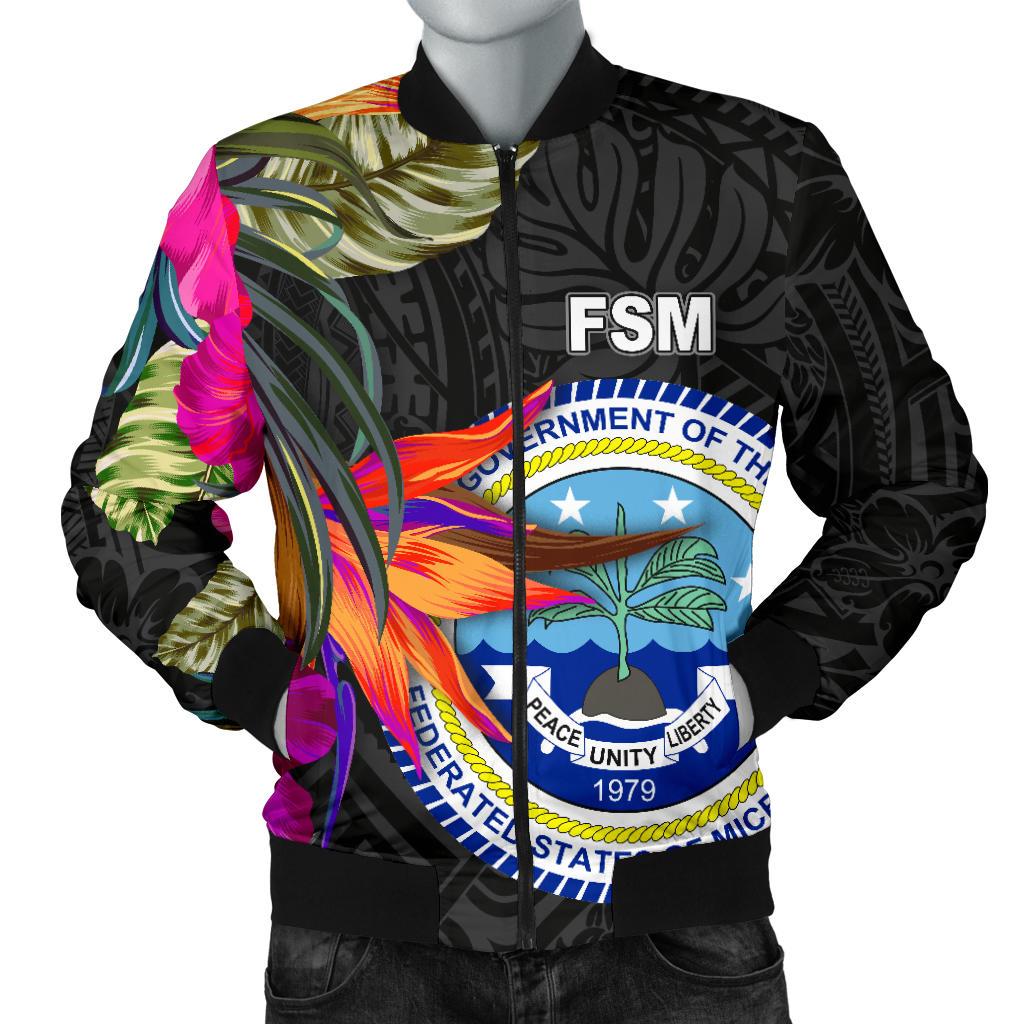 Federated States of Micronesia Men's Bomber Jacket - Polynesian Hibiscus Pattern Black - Polynesian Pride