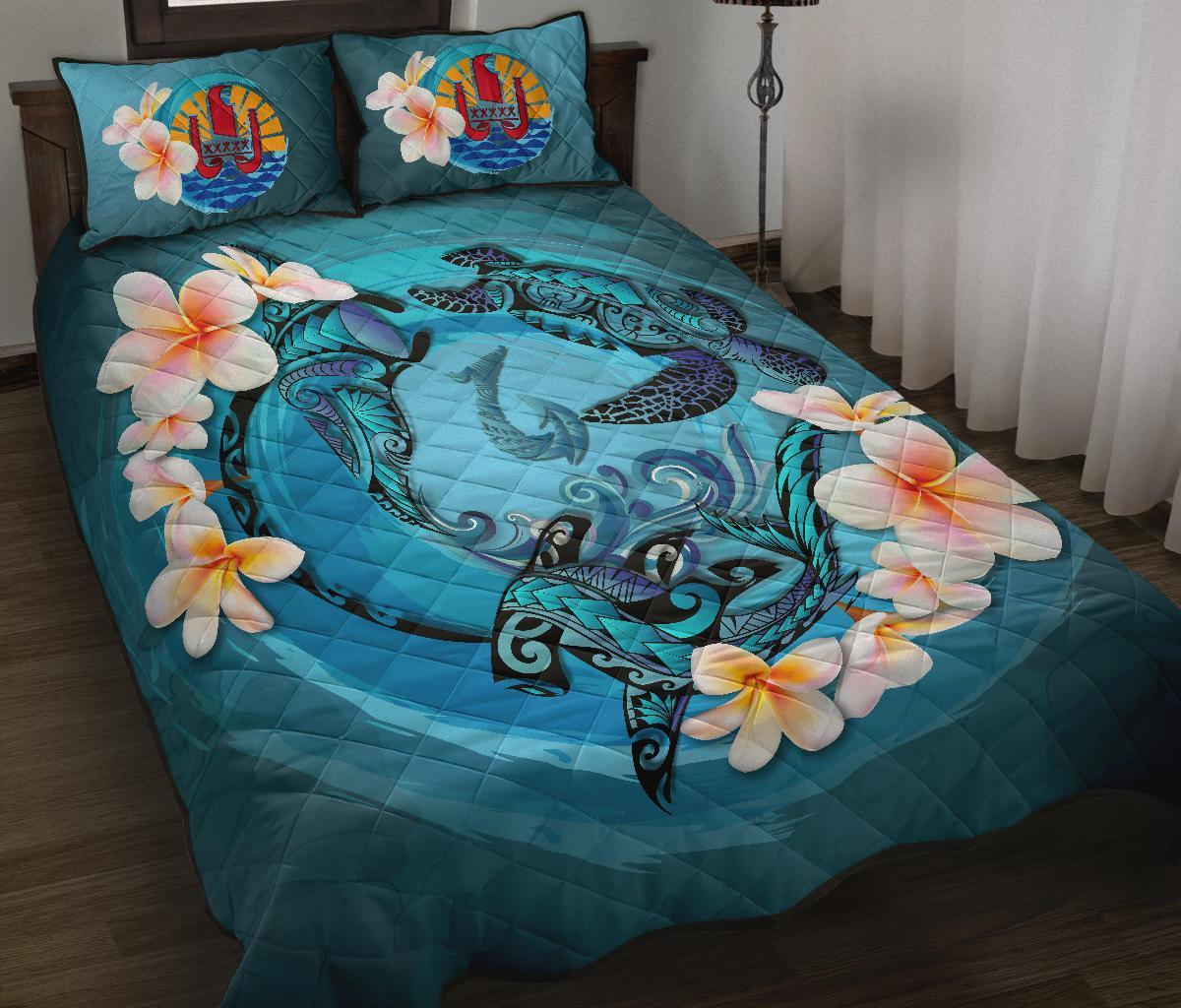 Tahiti Polynesian Quilt Bed Set - Blue Plumeria Animal Tattoo Blue - Polynesian Pride