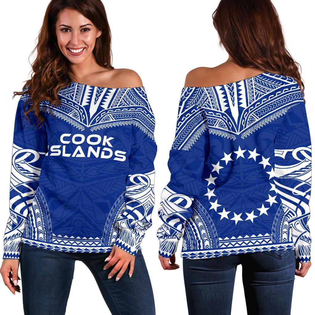 Cook Islands Flag Polynesian Chief Women's Off Shoulder Sweater Blue - Polynesian Pride