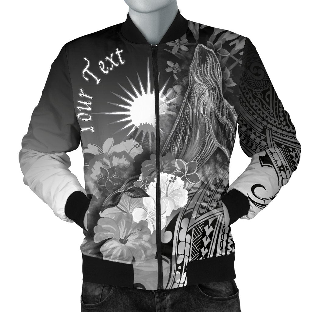 Marshall Islands Custom Personalised Men's Bomber Jacket - Humpback Whale with Tropical Flowers (White) White - Polynesian Pride