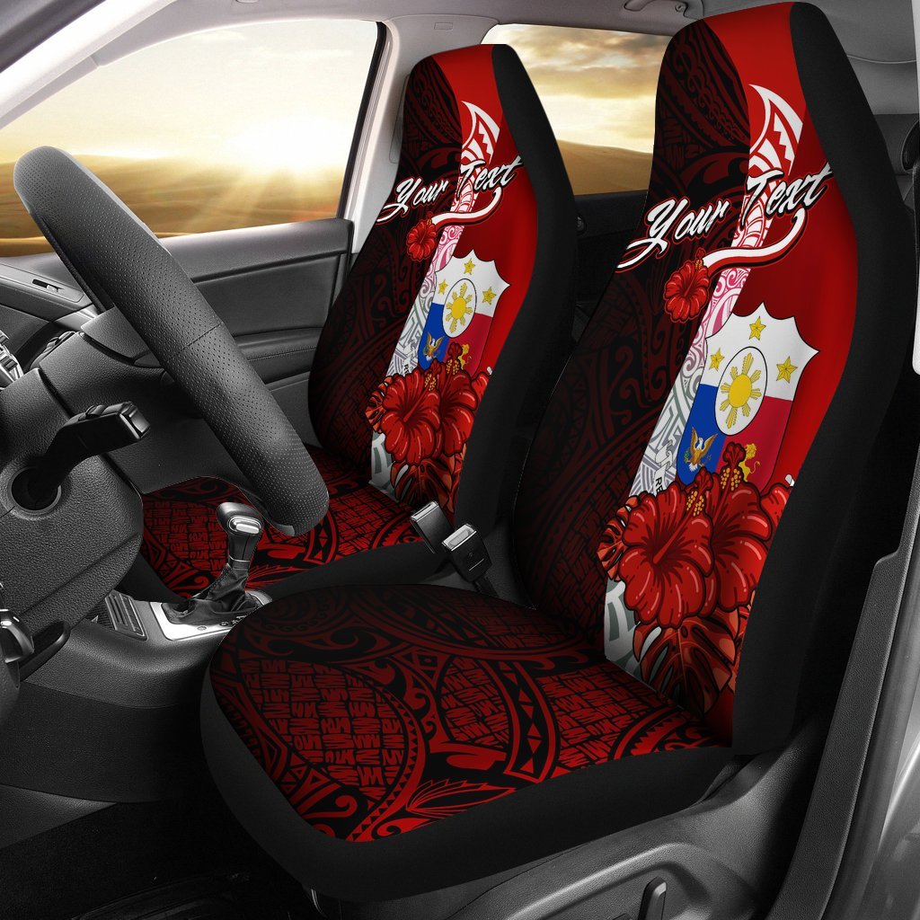 Philippines Polynesian Custom Personalised Car Seat Covers - Coat Of Arm With Hibiscus Universal Fit Red - Polynesian Pride