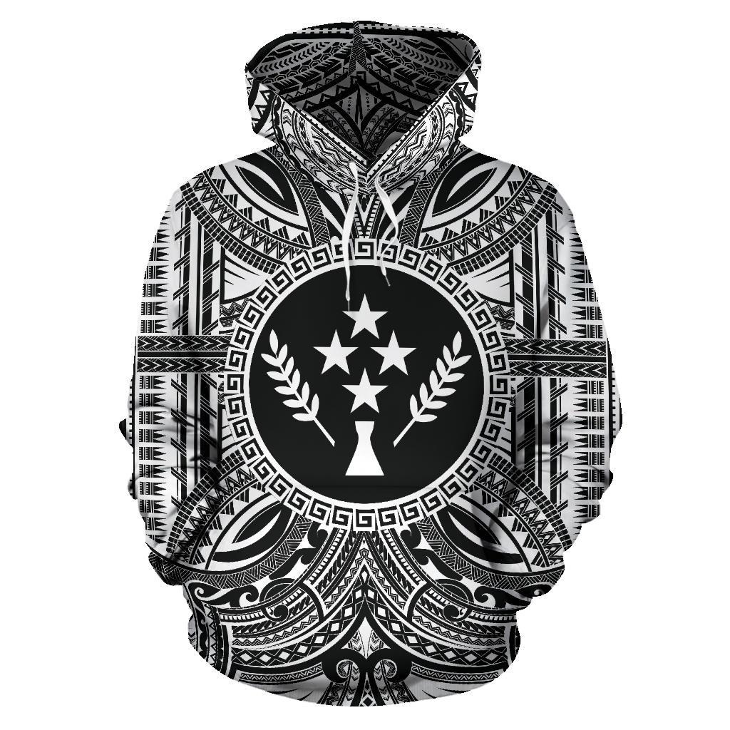 Kosrae ll Over Hoodie Kosrae Coat of rms Polynesian White Black Unisex Black - Polynesian Pride