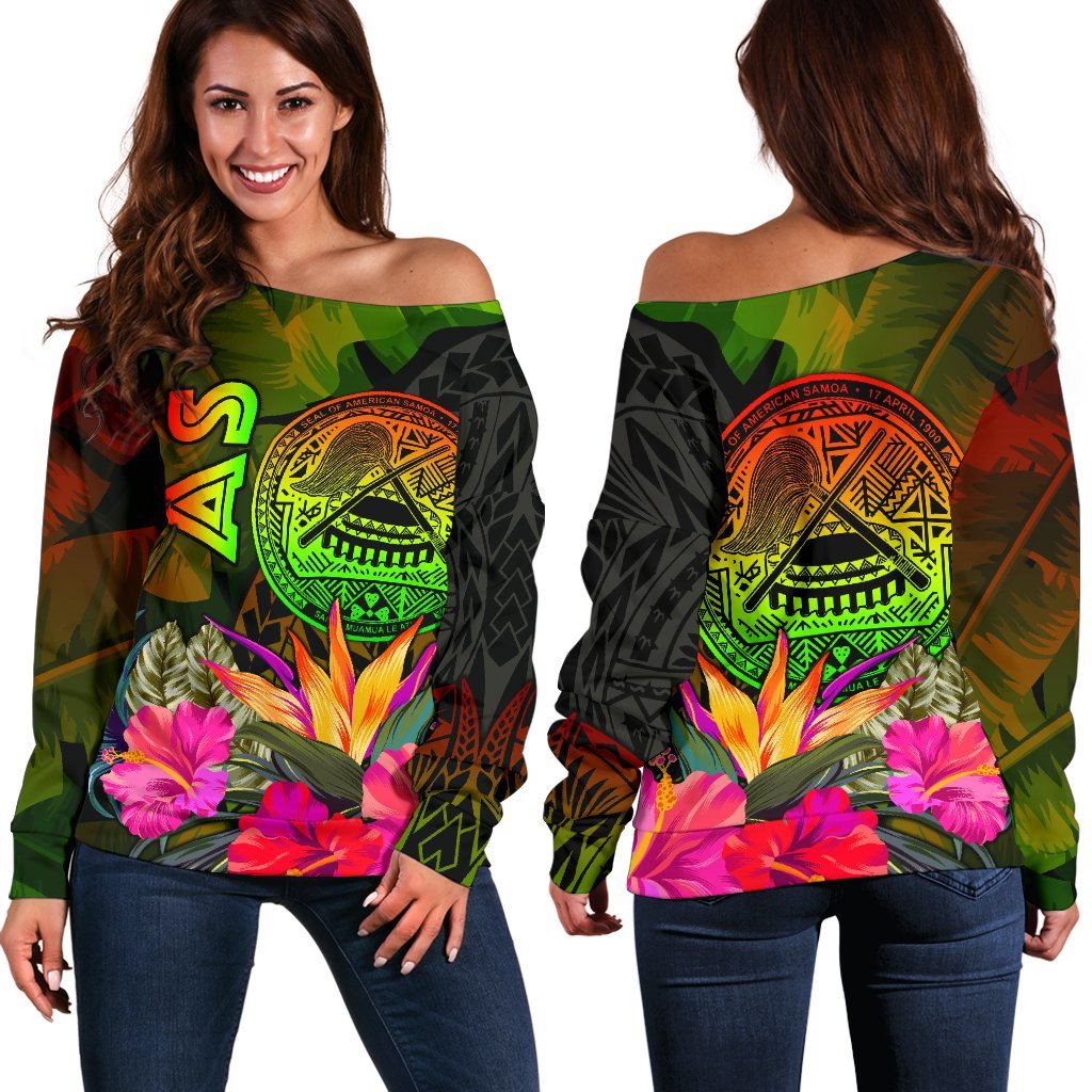 American Samoa Polynesian Women's Off Shoulder Sweater - Hibiscus and Banana Leaves Art - Polynesian Pride