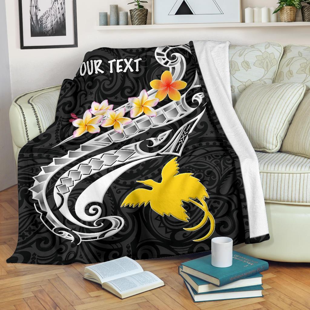 Papua New Guinea Custom Personalised Premium Blanket - PNG Seal Polynesian Patterns Plumeria (Black) White - Polynesian Pride