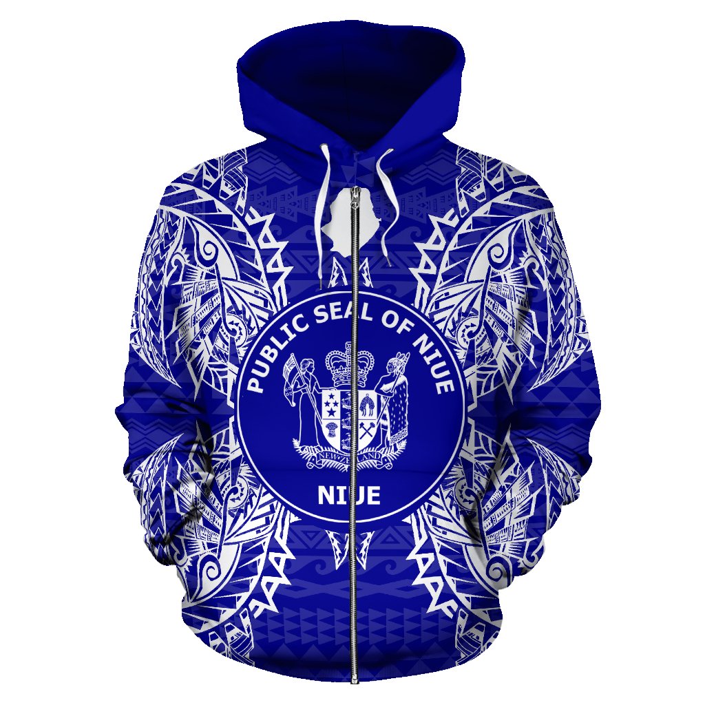 Niue Polynesian All Over Zip up Hoodie Map Blue - Polynesian Pride