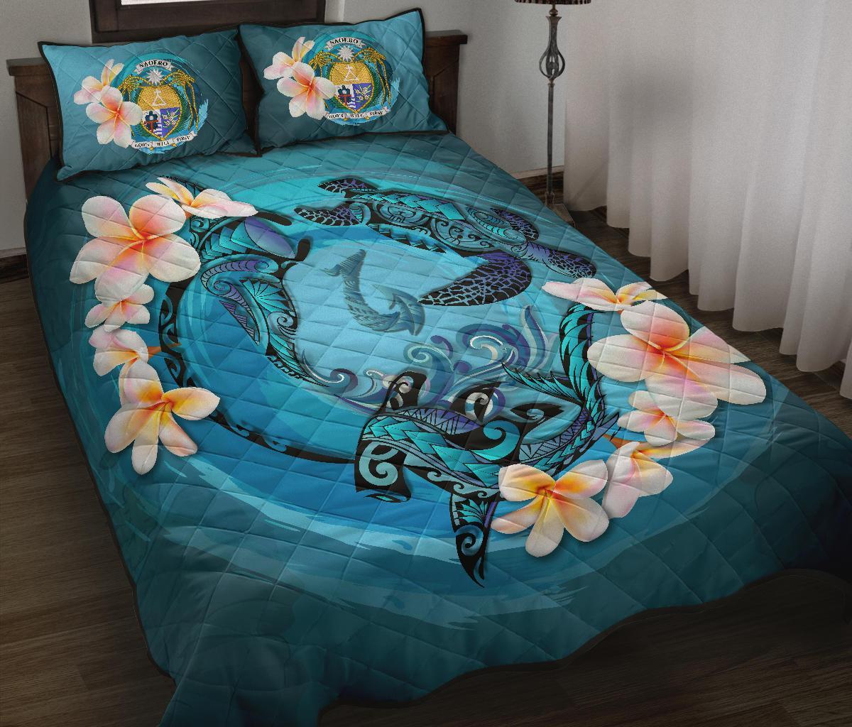 Nauru Polynesian Quilt Bed Set - Blue Plumeria Animal Tattoo Blue - Polynesian Pride