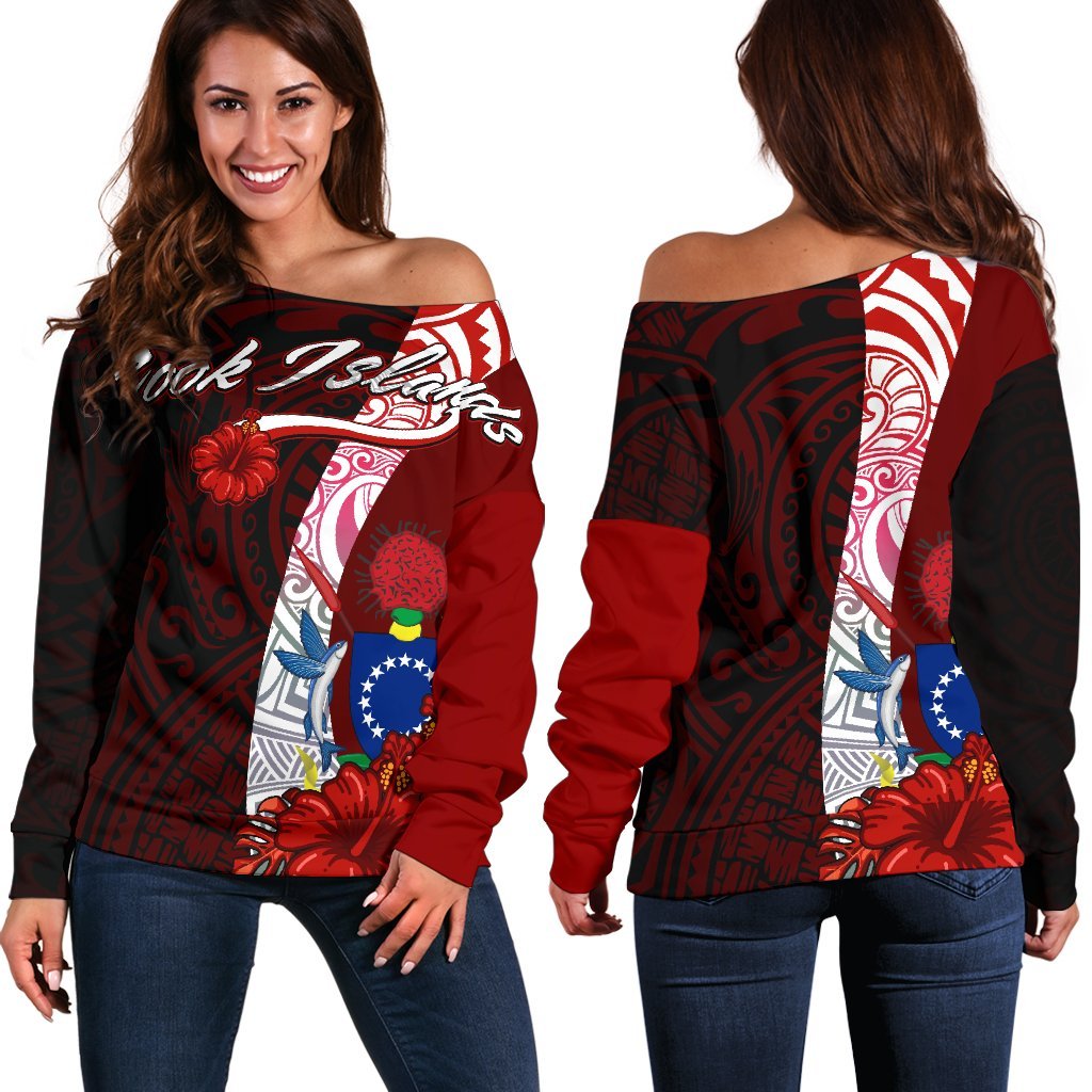 Cook Islands Polynesian Women's Off Shoulder Sweater - Coat Of Arm With Hibiscus Red - Polynesian Pride