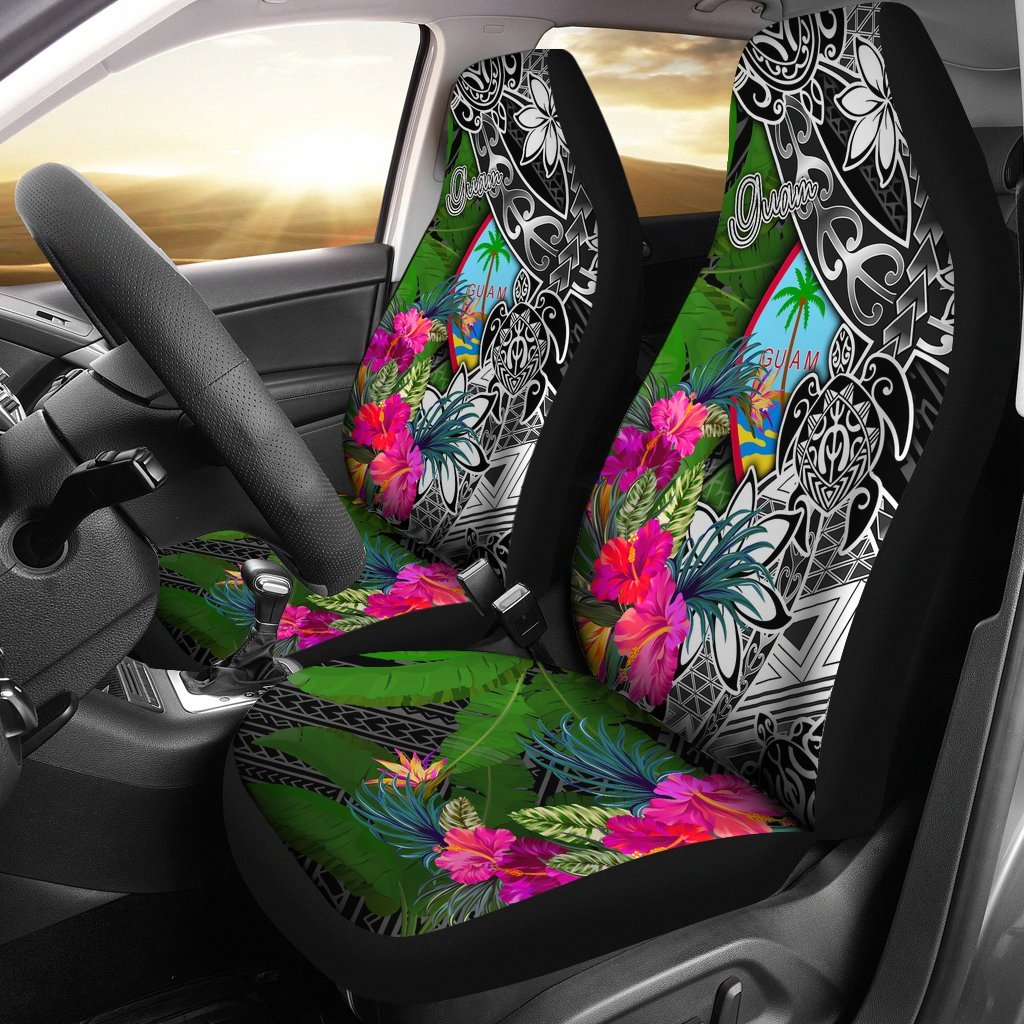 Guam Car Seat Covers - Turtle Plumeria Banana Leaf Crest Universal Fit Black - Polynesian Pride