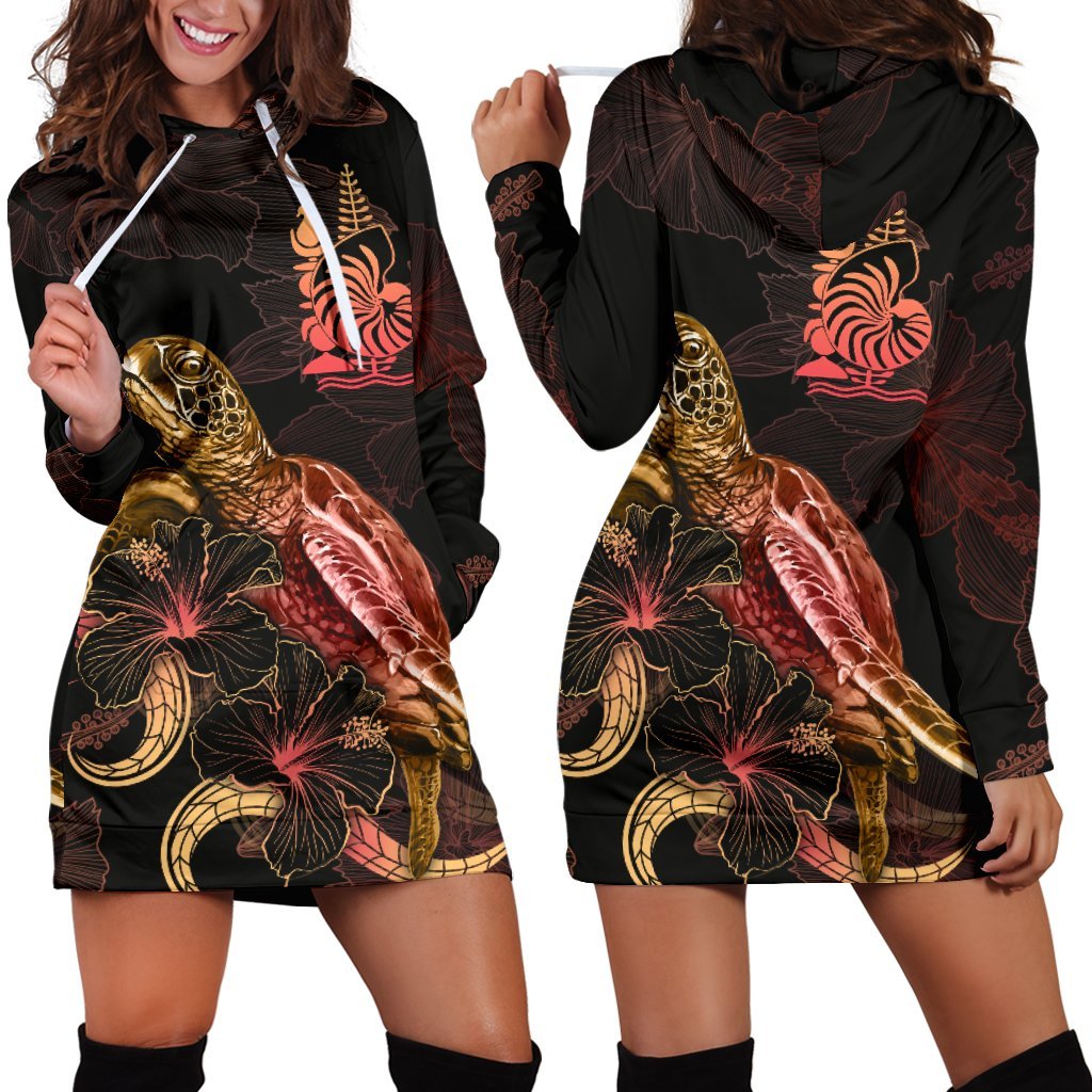 New Caledonia Polynesian Hoodie Dress - Turtle With Blooming Hibiscus Gold Gold - Polynesian Pride