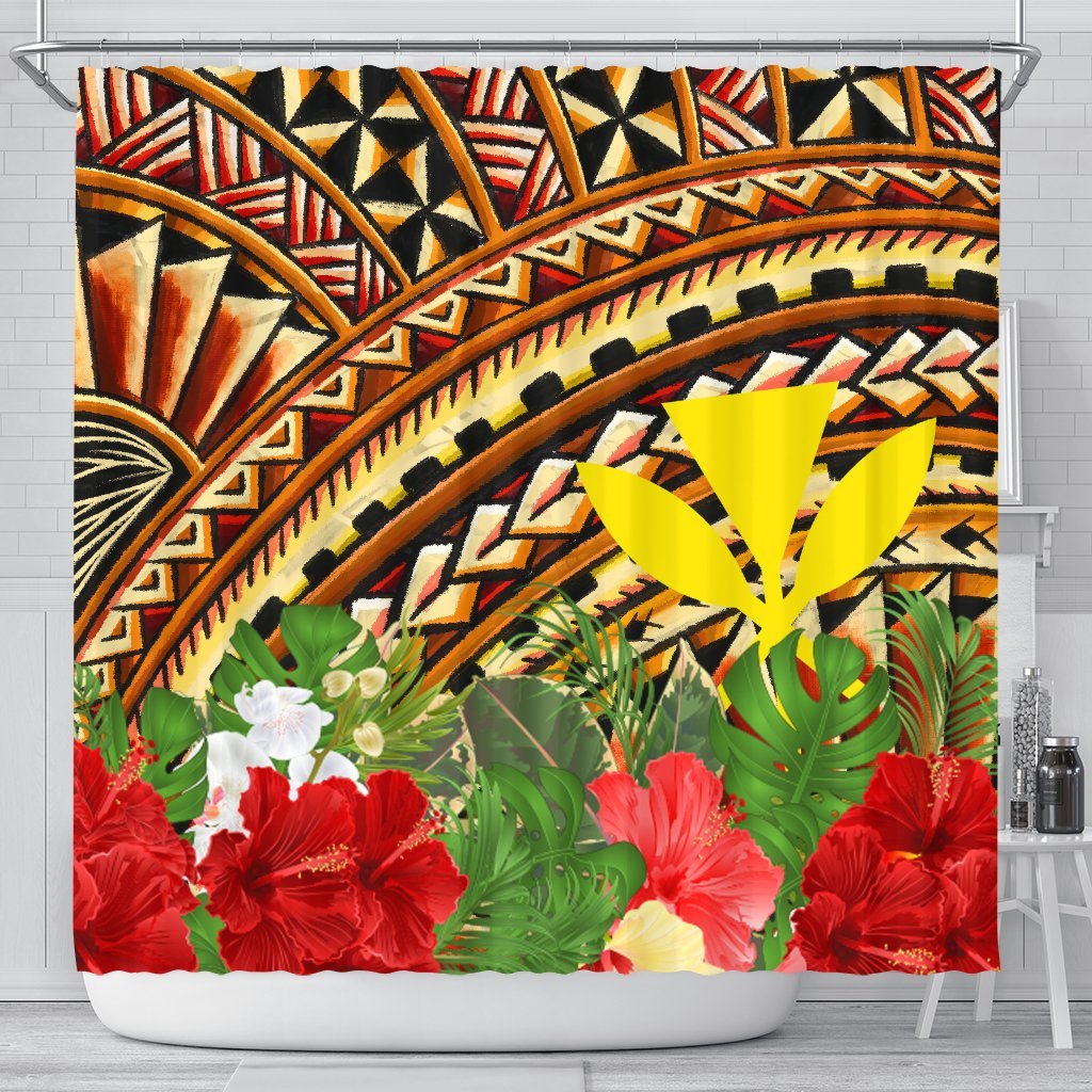Hawaii Shower Curtain - Vintage Pattern With Hibiscus Flower 177 x 172 (cm) Gold - Polynesian Pride