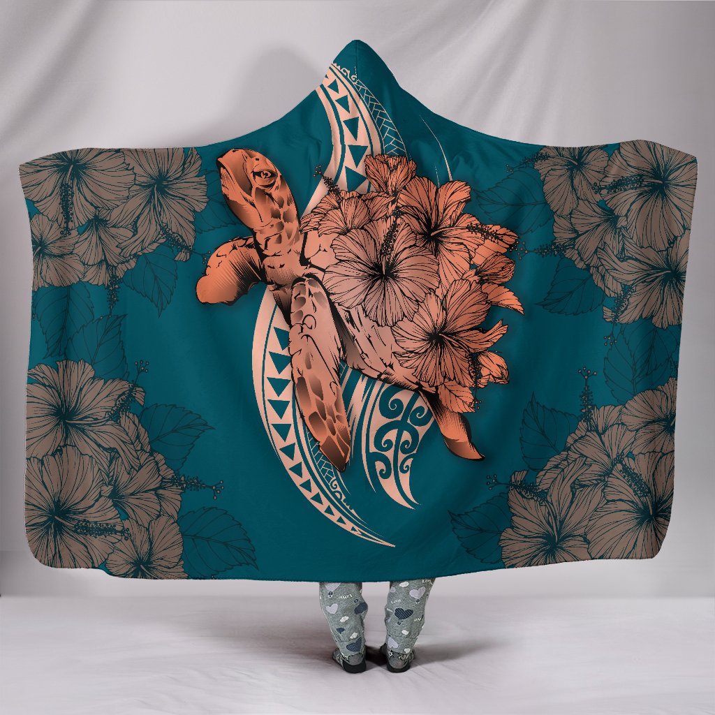 Hawaii Polynesian Turtle Hibiscus Hooded Blanket - Orange Hooded Blanket Orange - Polynesian Pride