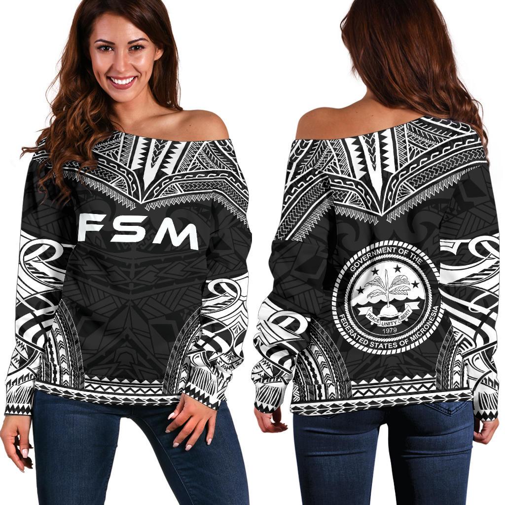 Federated States Of Micronesia Polynesian Chief Women's Off Shoulder Sweater - Black Version Black - Polynesian Pride