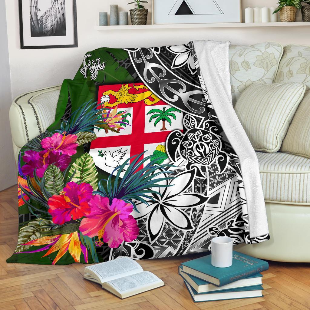 Fiji Premium Blanket - Turtle Plumeria Banana Leaf White - Polynesian Pride