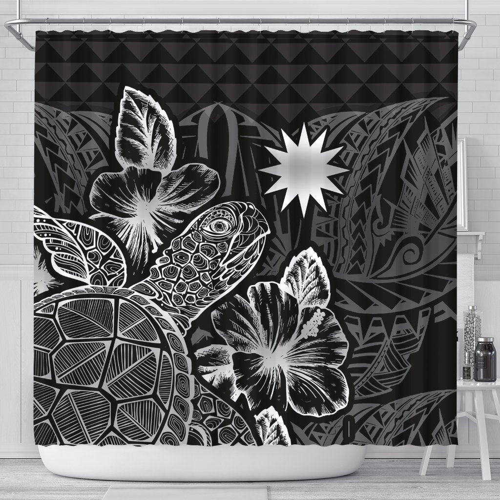 Nauru Shower Curtain Turtle Hibiscus Black 177 x 172 (cm) Black - Polynesian Pride