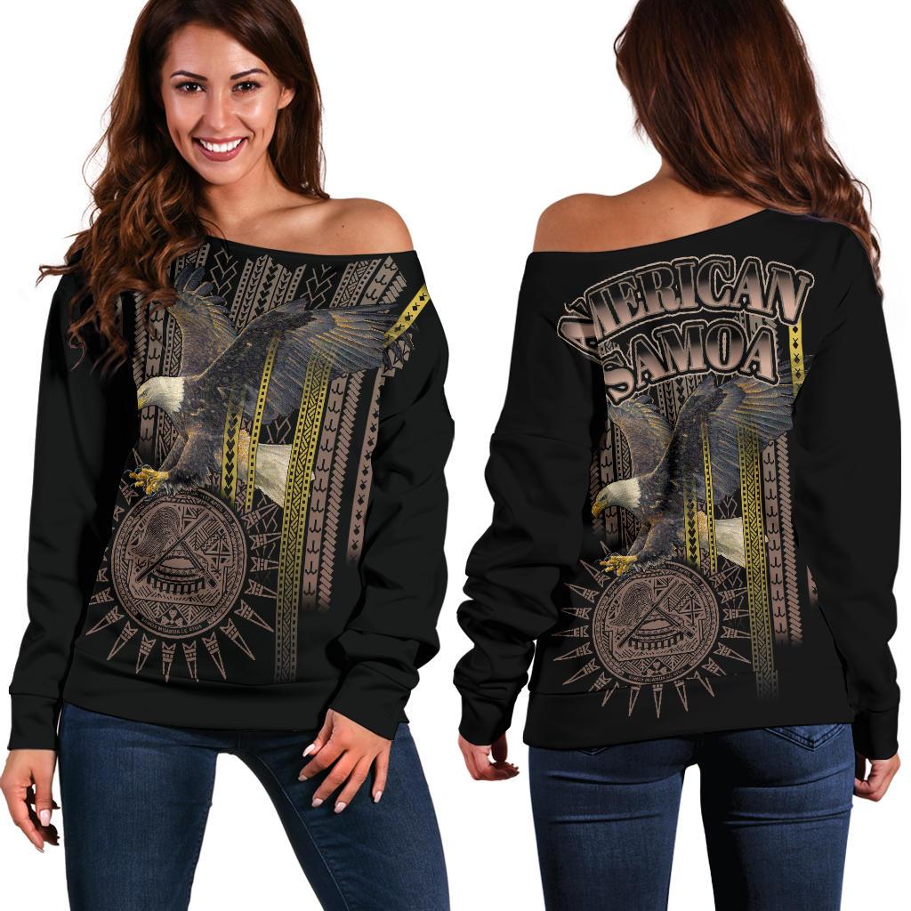 American Samoa Polynesian Women's Off Shoulder Sweater - Eagle Coat Of Arms Black - Polynesian Pride