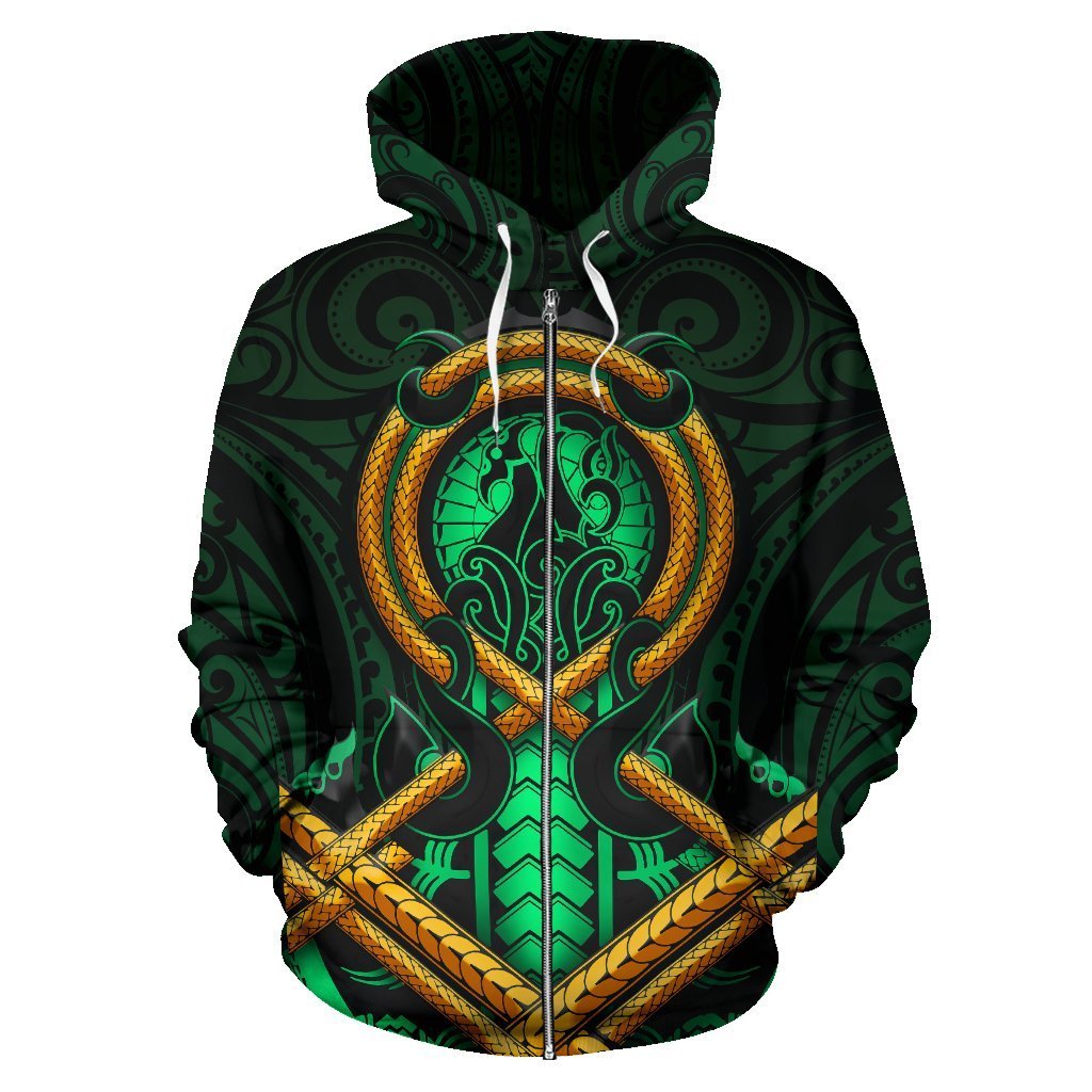 Maori New Zealand All Over Zip up Hoodie Manaia Green Unisex Black - Polynesian Pride