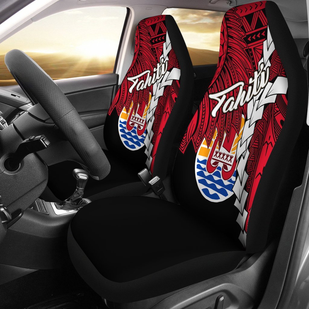 Tahiti Polynesian Car Seat Covers - Tribal Wave Tattoo Flag Style Universal Fit Black - Polynesian Pride