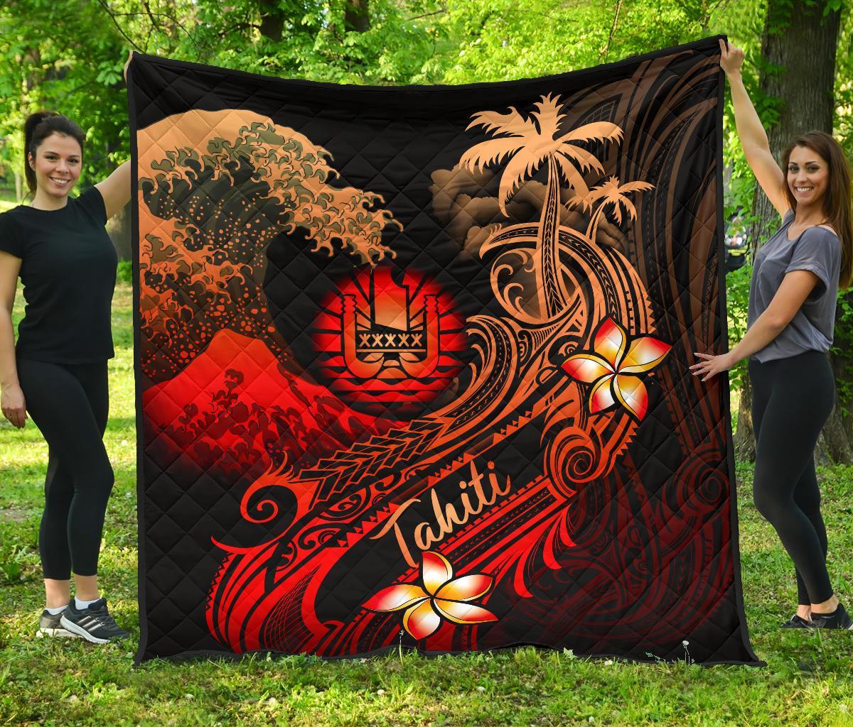 Tahiti Polynesian Premium Quilt - Plumeria Flowers And Waves Red - Polynesian Pride