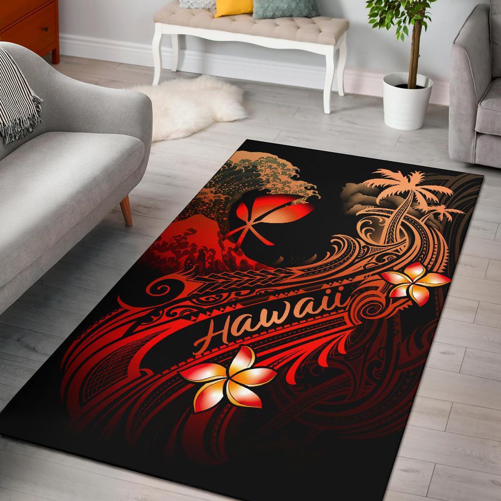 Hawaii Polynesian Area Rug - Plumeria Flowers And Waves Red - Polynesian Pride