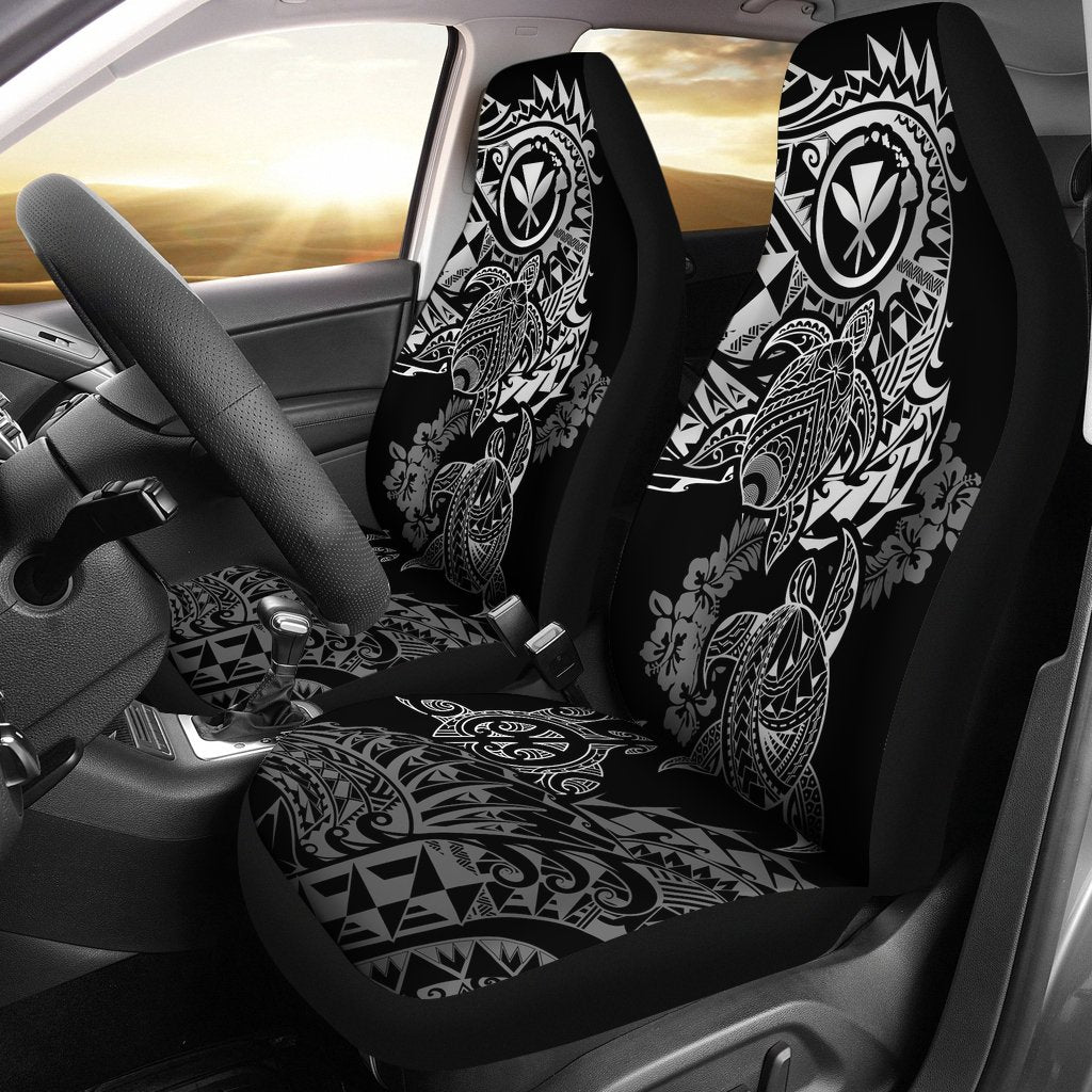 Hawaii Polynesian Seat Covers - Kanaka Maoli Turtle Tattoo Gray Hibiscus Turtle Flowing Universal Fit BLACK - Polynesian Pride