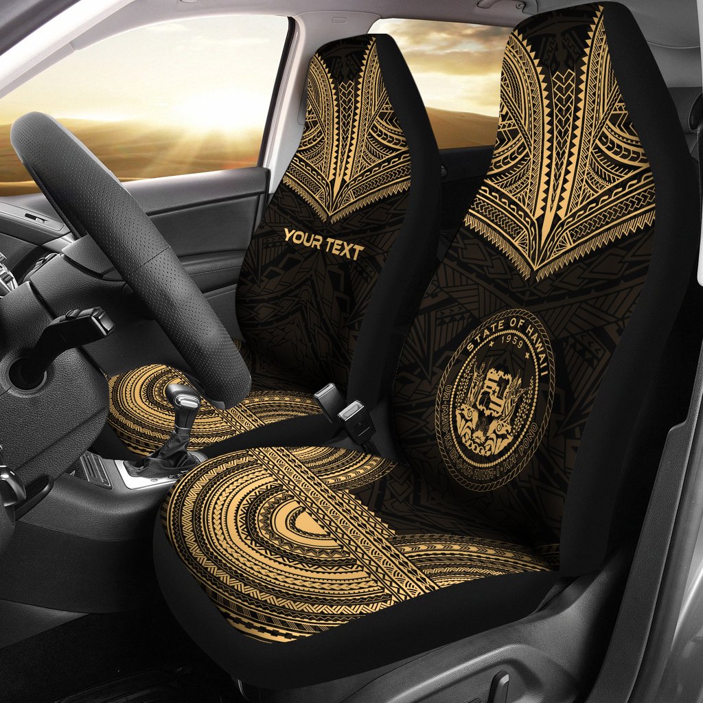 Hawaii Custom Personalised Car Seat Cover - Hawaii Seal Polynesian Chief Tattoo Gold Version Universal Fit Gold - Polynesian Pride